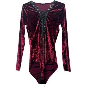 Fashion Nova Lace Up Front Bodysuit Size Large Maroon Velour Velvet  Long Sleeve